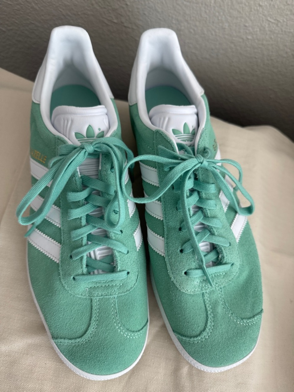 Adidas Gazelle Sneakers in Mint Green and White- Fits size 10 woman